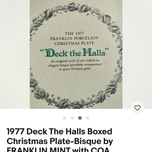 1977 Deck The Halls Boxed Christmas Plate-Bisque by FRANKLIN MINT with COA. - Picture 5 of 11